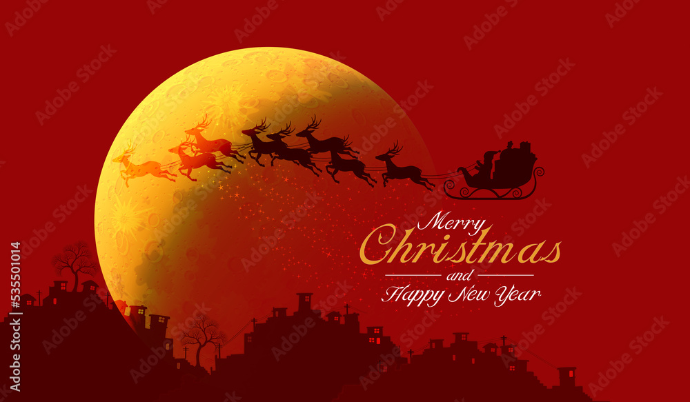 merry Christmas card, santa claus and rudolph reindeer  Happy new year, red background with moon