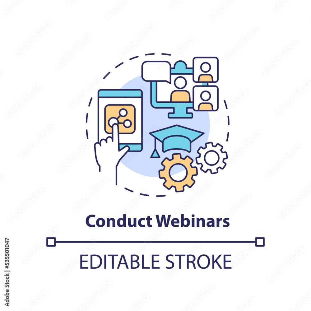 Conduct webinars concept icon. Building online training program abstract idea thin line illustration. Employee meetings. Isolated outline drawing. Editable stroke. Arial, Myriad Pro-Bold fonts used Conduct webinars concept icon. Building online training program abstract idea thin line illustration. Employee meetings. Isolated outline drawing. Editable stroke. Arial, Myriad Pro-Bold fonts used