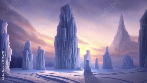 Winter landscape with neon sunset. Large blocks of ice  frozen trees. Fantasy winter snowy landscape. Frozen nature. 