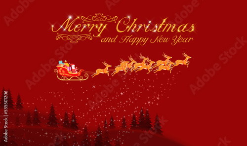 Fotografía merry Christmas card, santa claus and rudolph reindeer  Happy New Year, hill wit