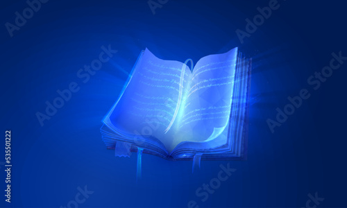 Digital book symbol of knowledge and wisdom in a futuristic style. Online learning concept. Vector illustration of magic book or portal