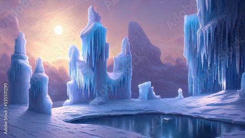 Winter landscape with neon sunset. Large blocks of ice, frozen trees. Fantasy winter snowy landscape. Frozen nature.  © MiaStendal