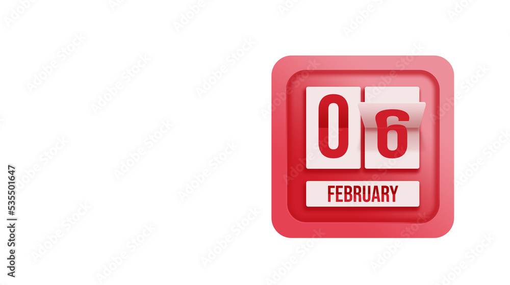 February 6th. Day 6 of month, Calendar date. Calendar in the form of a mechanical scoreboard red timetable tableau on white. Winter month, day of the year concept. February 6th. Day 6 of month, Calendar date. Calendar in the form of a mechanical scoreboard red timetable tableau on white. Winter month, day of the year concept.