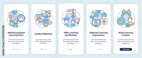 Improve online corporate training onboarding mobile app screen. Walkthrough 5 steps editable graphic instructions with linear concepts. UI, UX, GUI template. Myriad Pro-Bold, Regular fonts used