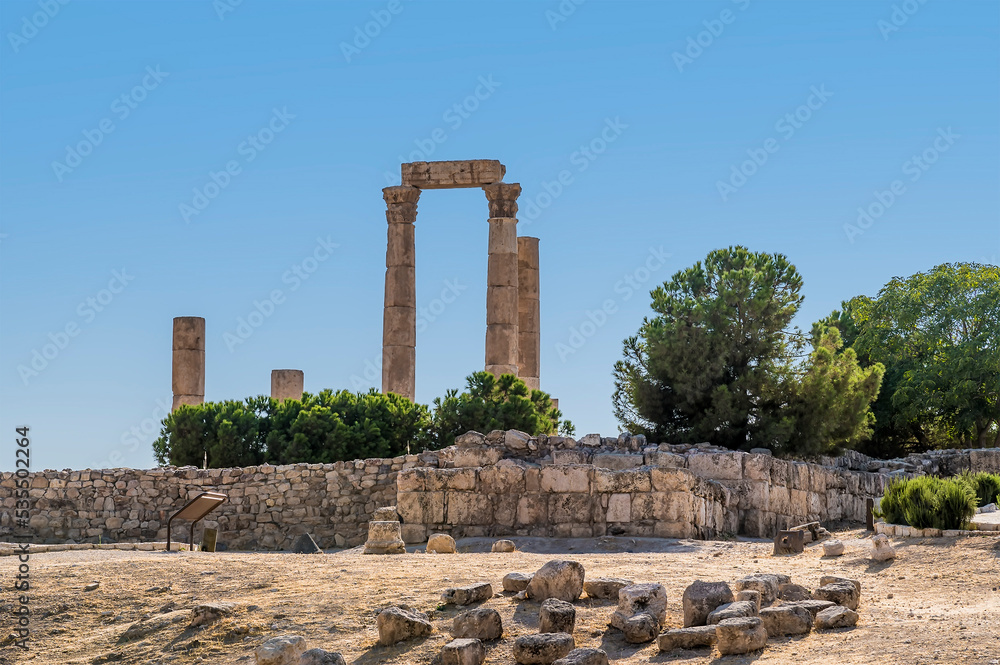 A view looking back to the Temple of Hercules in the citadel in Amman, Jordan in summertime