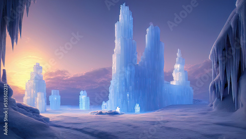 Winter landscape with neon sunset. Large blocks of ice  frozen trees. Fantasy winter snowy landscape. Frozen nature.