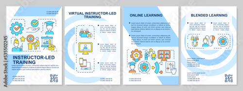 Types of training programs blue brochure template. Online learning. Leaflet design with linear icons. Editable 4 vector layouts for presentation, annual reports. Arial, Myriad Pro-Regular fonts used
