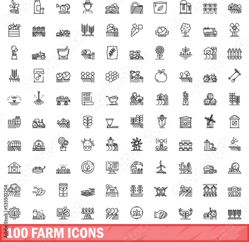 100 farm icons set. Outline illustration of 100 farm icons vector set isolated on white background