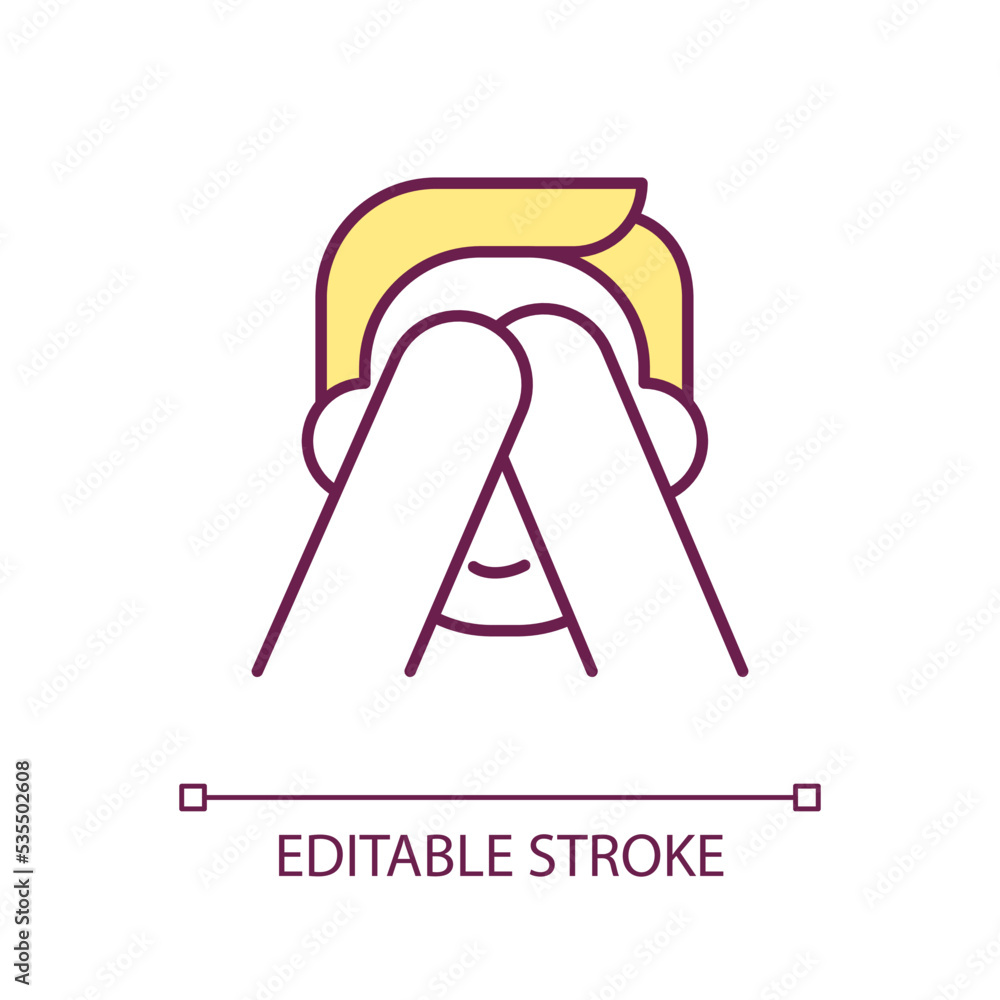 Shy person RGB color icon. Introversion. Overcome shyness. Social anxiety. Lack of confidence. Isolated vector illustration. Simple filled line drawing. Editable stroke. Arial font used Shy person RGB color icon. Introversion. Overcome shyness. Social anxiety. Lack of confidence. Isolated vector illustration. Simple filled line drawing. Editable stroke. Arial font used