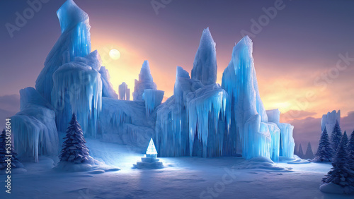 Winter landscape with neon sunset. Large blocks of ice  frozen trees. Fantasy winter snowy landscape. Frozen nature. 