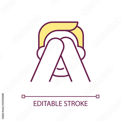 Shy person RGB color icon. Introversion. Overcome shyness. Social anxiety. Lack of confidence. Isolated vector illustration. Simple filled line drawing. Editable stroke. Arial font used