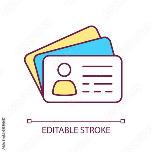 Visiting cards RGB color icon. Personal introduction information. Handing out business card. Isolated vector illustration. Simple filled line drawing. Editable stroke. Arial font used