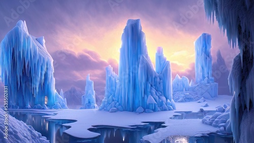 Winter landscape with neon sunset. Large blocks of ice  frozen trees. Fantasy winter snowy landscape. Frozen nature. 