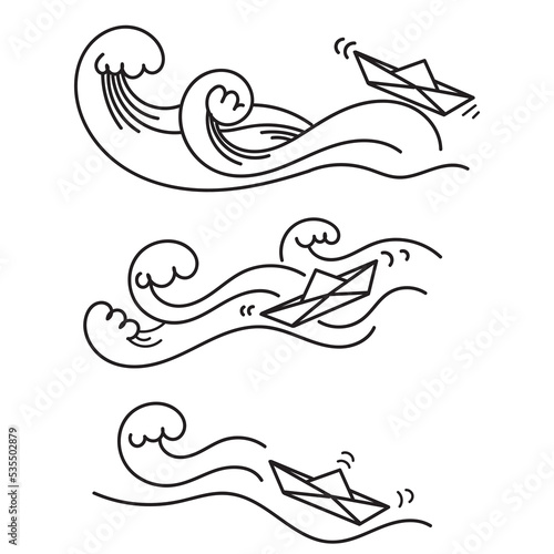 hand drawn doodle paper boat in big waves illustration vector