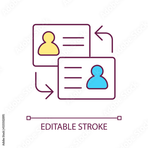 Exchange personal contacts RGB color icon. Mutual handing out business visiting cards. Formal identity. Isolated vector illustration. Simple filled line drawing. Editable stroke. Arial font used