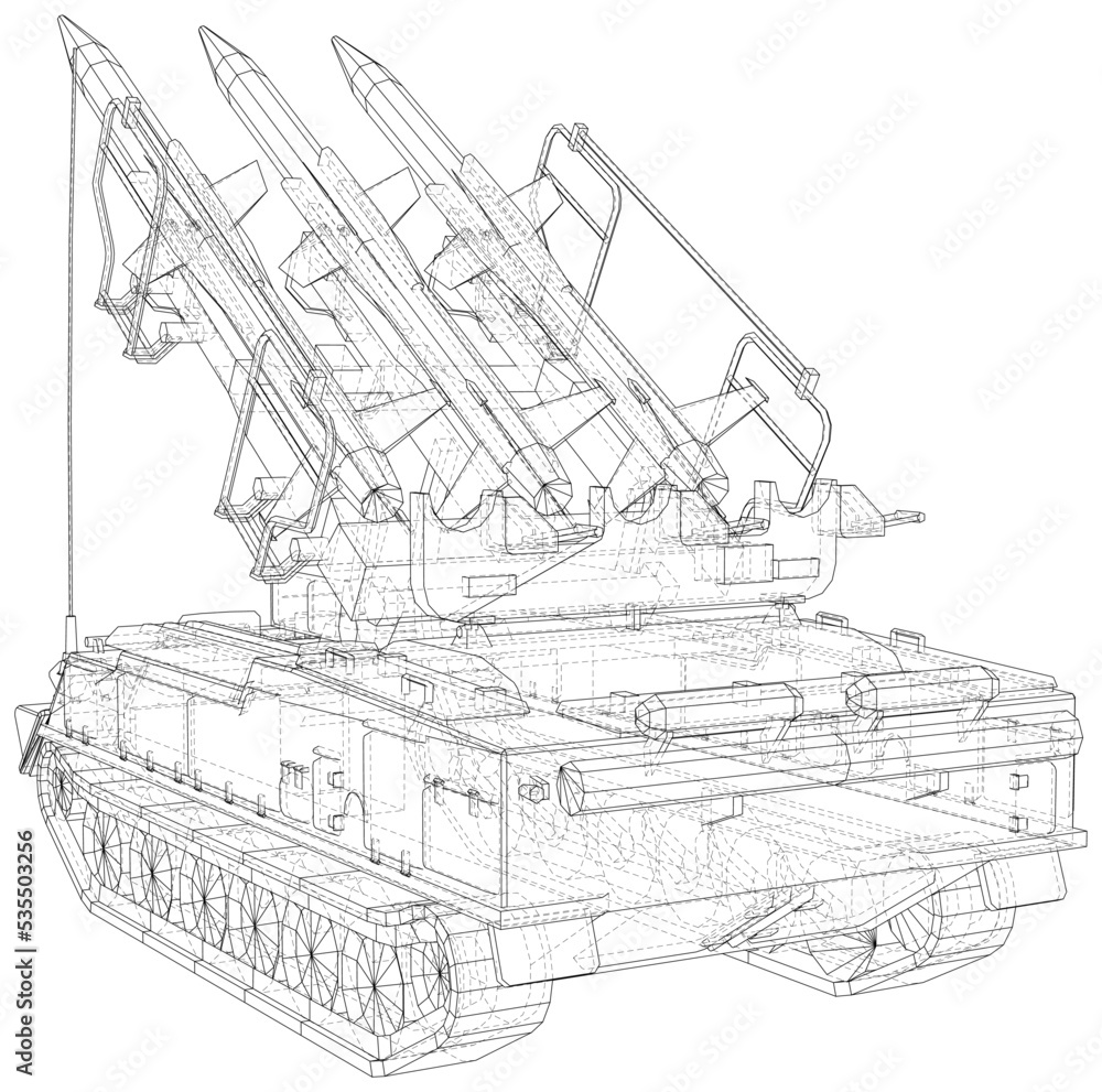 Truck with a rocket. Special military equipment. Air Attack. Vector created of 3d.