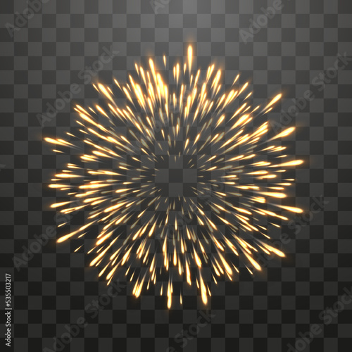 Festive fireworks with brightly shining sparks. New Year's Eve fireworks. Realistic sparks and explosions. Colorful pyrotechnics show. Vector isolated on png background.