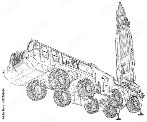 Weapons of mass destruction. A missile with a warhead looks into the sky, ready to launch. Nuclear weapons, chemical weapons. Bomb, shelling. Vector created of 3d.
