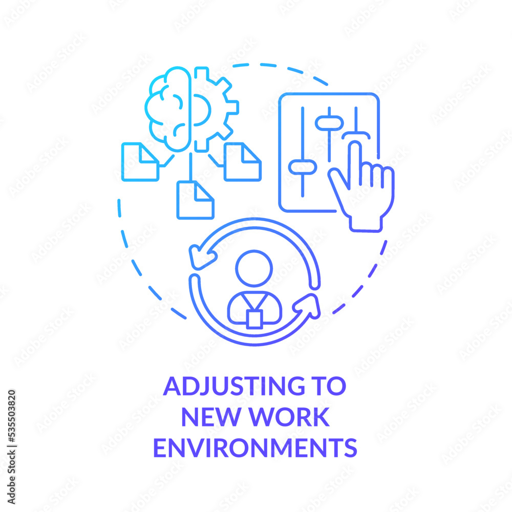 Adjusting to new work environments blue gradient concept icon. Resilience to change at workplace. Adaptation abstract idea thin line illustration. Isolated outline drawing. Myriad Pro-Bold font used Adjusting to new work environments blue gradient concept icon. Resilience to change at workplace. Adaptation abstract idea thin line illustration. Isolated outline drawing. Myriad Pro-Bold font used