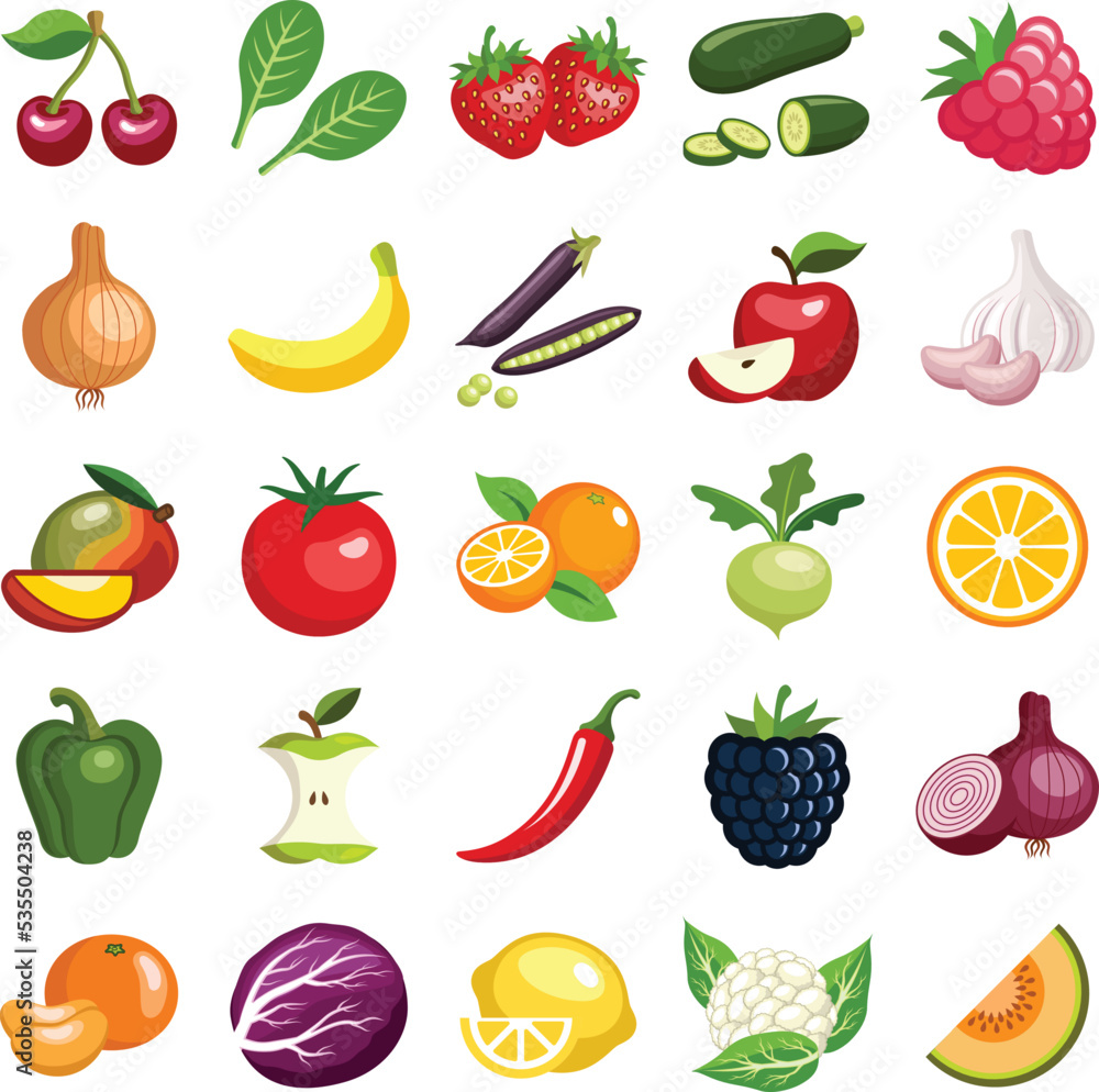 Sustainable healthy fruit and vegetable icon collection - vector color ...