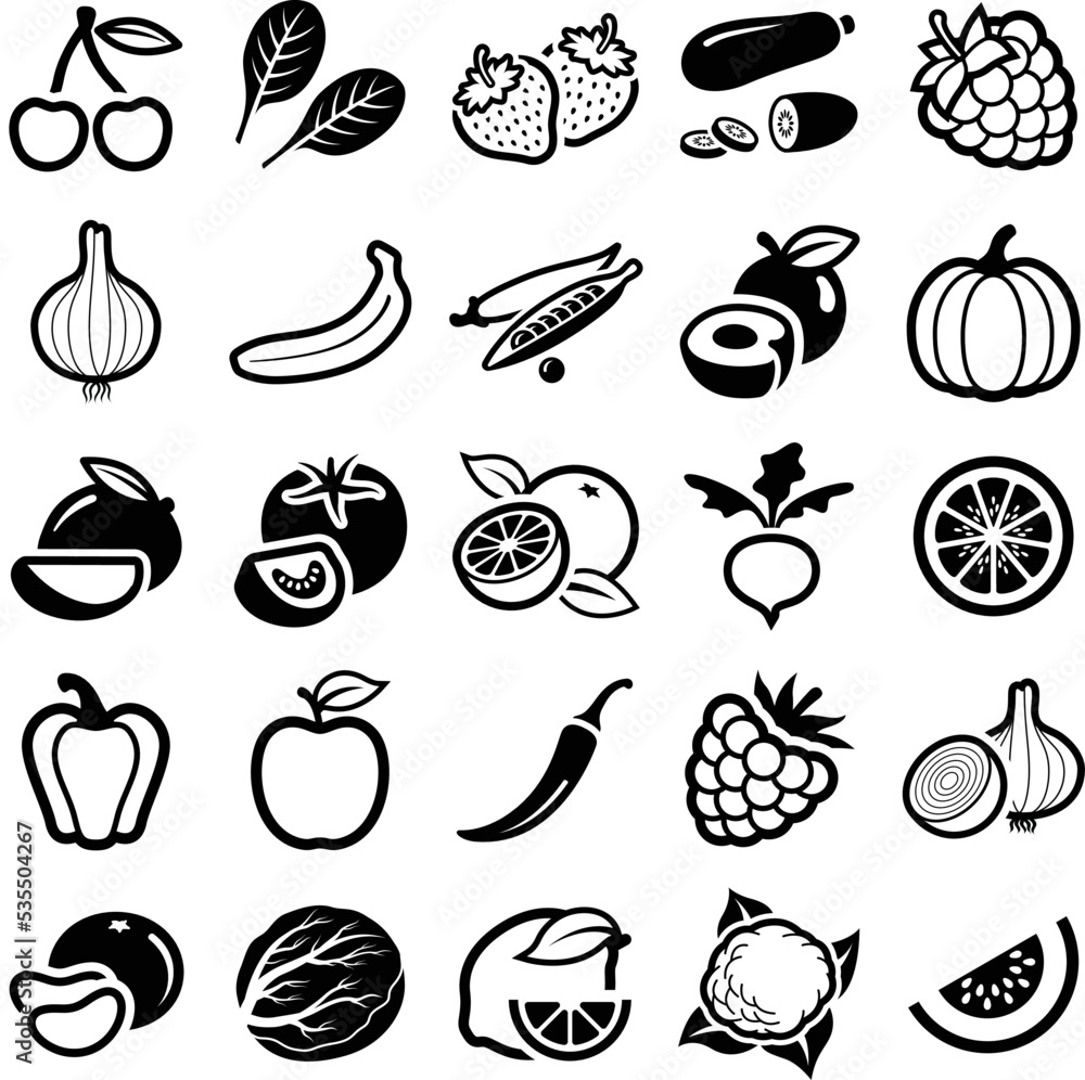 Sustainable healthy fruit and vegetable icon collection - vector outline illustration and silhouette Sustainable healthy fruit and vegetable icon collection - vector outline illustration and silhouette