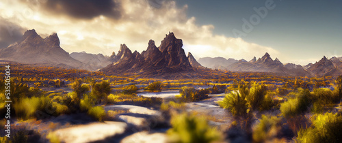 Realistic mountains landscape panorama mountains and stone valley background.
