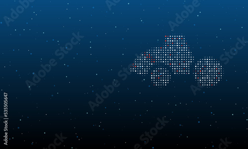 On the right is the road roller symbol filled with white dots. Background pattern from dots and circles of different shades. Vector illustration on blue background with stars