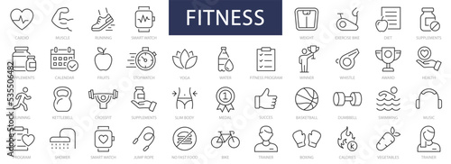 Fitness and Sport thin line icons set. Fitness editable stroke icon. Fitness, Sport, Gym, Cardio, Running, Diet, Yoga, Health symbol. Vector