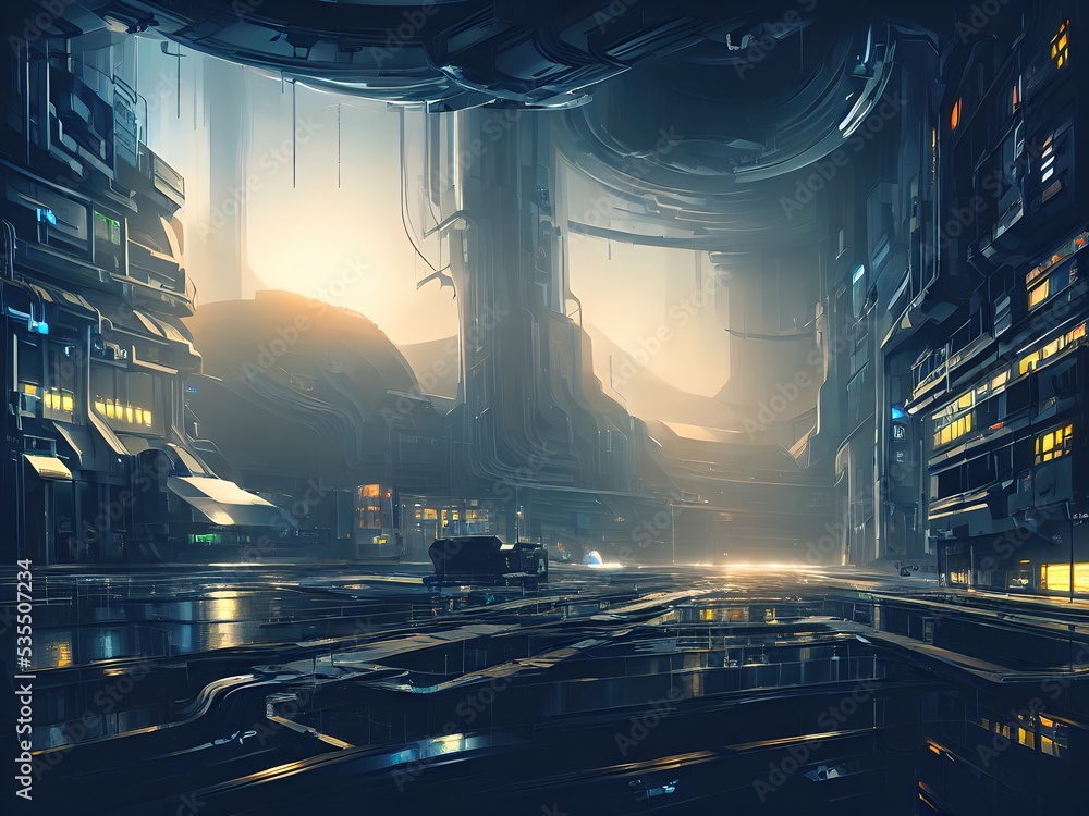 Sci-fi Interior spaceship of the future. Illustration, concept art.