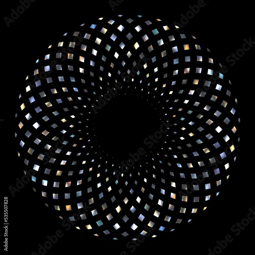 Brigh iridescent brilliance mosaic round object on black background isolated. Blue yellow glittering circle geometric element for festive design. Sparkling mirror particles mosaic.