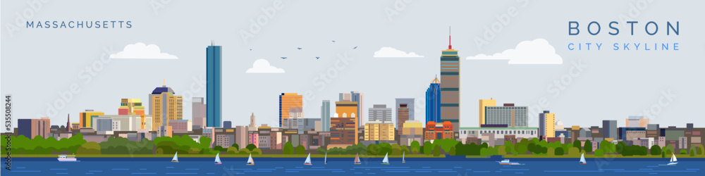 Boston skyline with color buildings vector illustration. Business travel and tourism. Image for presentation banner and web site.
