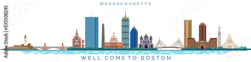 Massachusetts state city of Boston and architectural landmarks vector illustration, american cities and travel tourism.