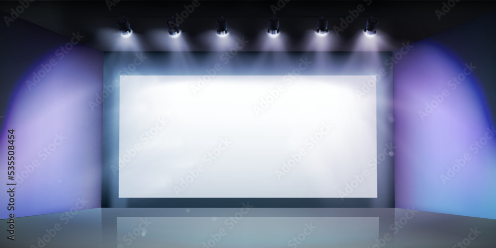 Projection screen in the cinema. Show on the stage. Free space for advertising. Graphic elements for the design. Vector illustration.