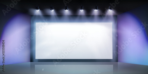 Projection screen in the cinema. Show on the stage. Free space for advertising. Graphic elements for the design. Vector illustration.