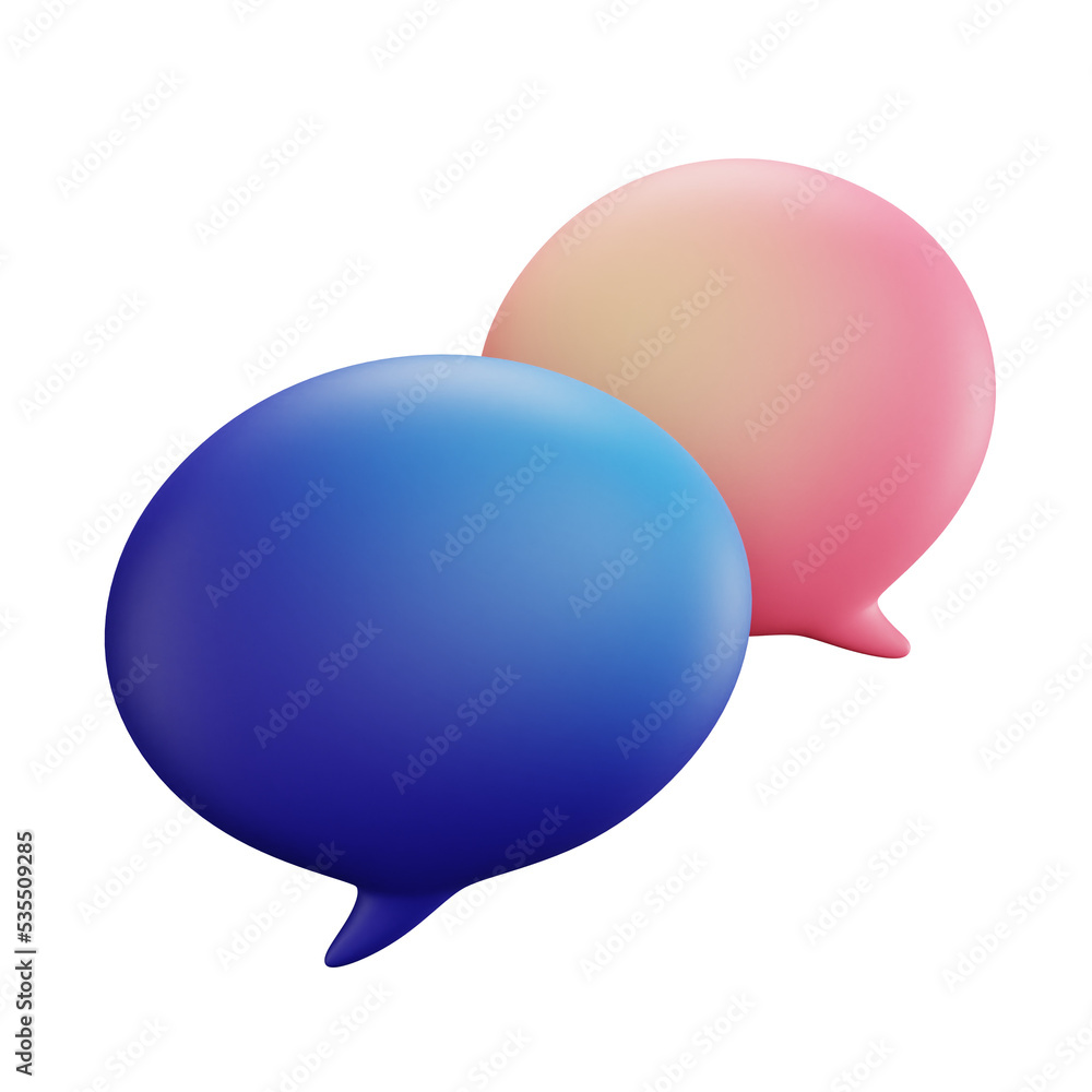 3D cartoon user interface illustration of a chat or chat bubble communication app icon on an isolated background. With studio lighting and a gradient colourful texture. 3D rendering 3D cartoon user interface illustration of a chat or chat bubble communication app icon on an isolated background. With studio lighting and a gradient colourful texture. 3D rendering
