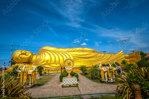 Reclining Golden Buddha at Wat Laem Pho, Koh Yo, Songkhla, Thailand.