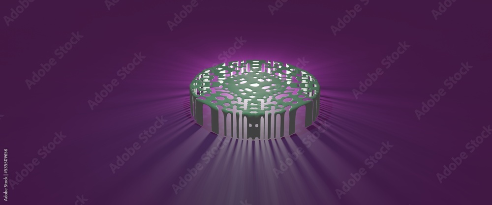 3d rendered meta arena styled building with light rays coming from the centre of the building 