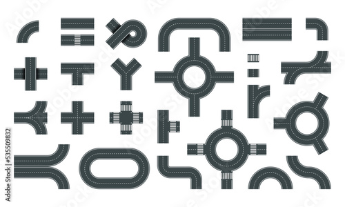 Vector illustration of road elements with white markings isolated on white background. Empty asphalt highway icons in top view. Set of connectable road elements with footpaths, crossroads and turns fo