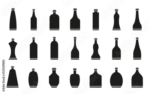 Bottle black glyph icon set. Restaurant pub bar alcohol beverage glass flask pictogram collection. Vodka whiskey soda beer water brandy jar isolated on white simple flat symbol for stamp engraving