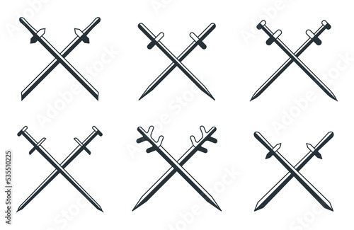 Sword crossed heraldry cartoon flat icon set. Weapon medieval isolated sharp. Old military sign. Battle emblem army. War cartoon sign. Antique design cutlass. Blade vintage collection