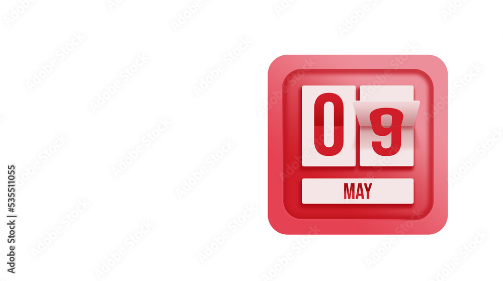 May 9th. Day 9 of month, Calendar date. Calendar in the form of a mechanical scoreboard red timetable tableau on white. Spring month, day of the year concept. May 9th. Day 9 of month, Calendar date. Calendar in the form of a mechanical scoreboard red timetable tableau on white. Spring month, day of the year concept.
