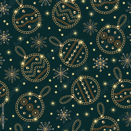 Seamless pattern with christmas balls, small snowflakes of jewelry gold, silver chains, shiny ball beads. Small stars, sparkles on green background For christmas, new year holiday package decoration