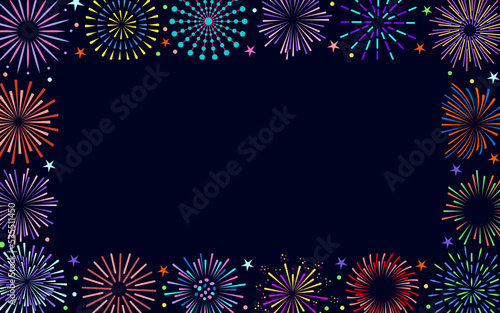 Fireworks color bright border. Celebration fire firework frame for christmas new year poster, firecracker night festival banner, birthday party card. Vintage sunburst bursting sun radial rays beams