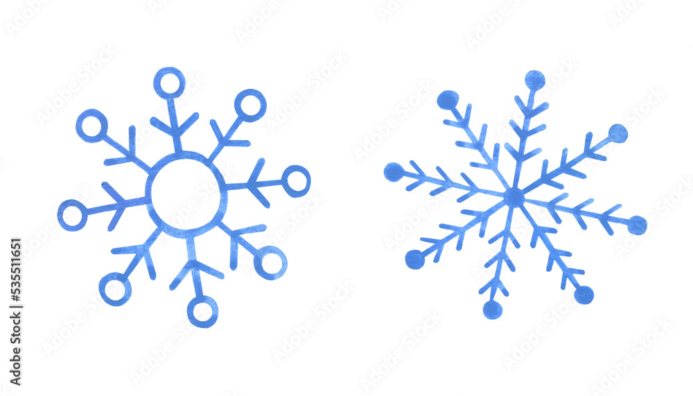 Watercolor set of blue snowflakes. Hand draw illustration isolated on transparent. Watercolor set of blue snowflakes. Hand draw illustration isolated on transparent.
