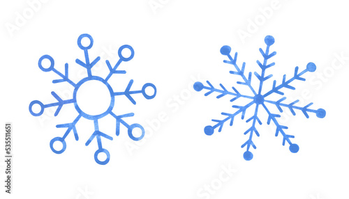 Watercolor set of blue snowflakes. Hand draw illustration isolated on transparent.