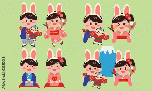 お正月を過ごす着物を着てうさぎカチューシャを付けた子供セット