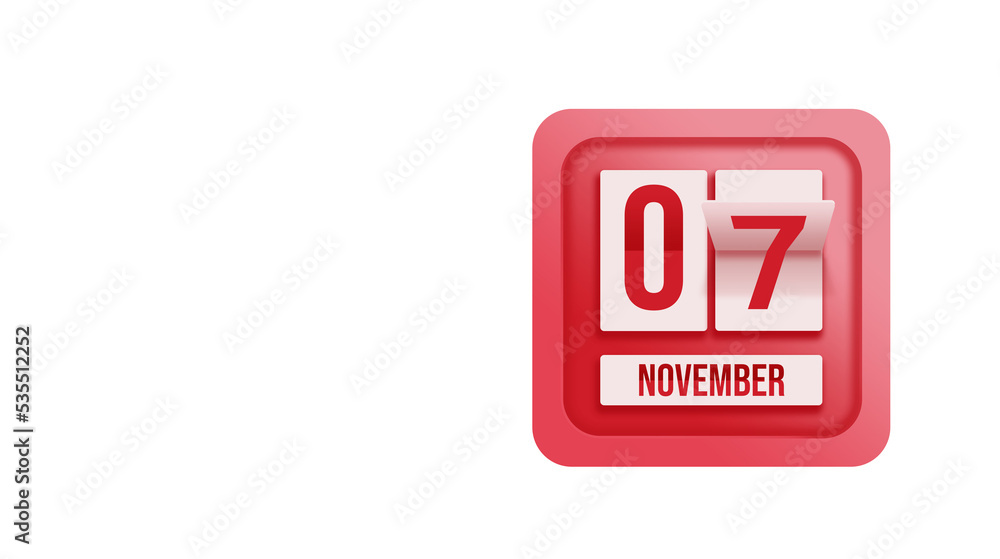 November 7th. Day 7 of month, Calendar date. Calendar in the form of a mechanical scoreboard red timetable tableau on white. Autumn month, day of the year concept. November 7th. Day 7 of month, Calendar date. Calendar in the form of a mechanical scoreboard red timetable tableau on white. Autumn month, day of the year concept.
