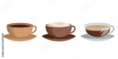 Set of coffee in cup on white background. Vector collection of coffee elements in flat style. Cappuccino, espresso, mocha, latte.