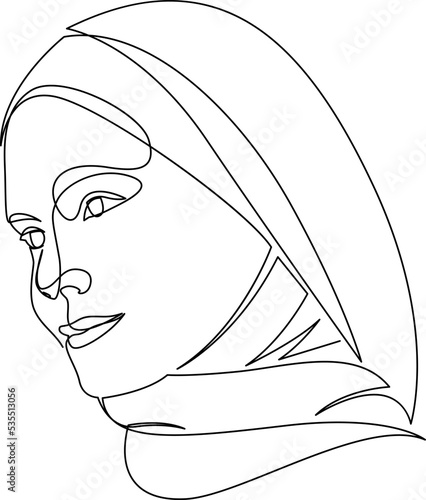 Beautiful woman in hijab continuous line drawing. Minimalist style one line art.