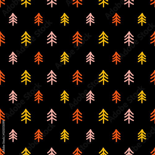 Black seamless pattern with colorful trees.